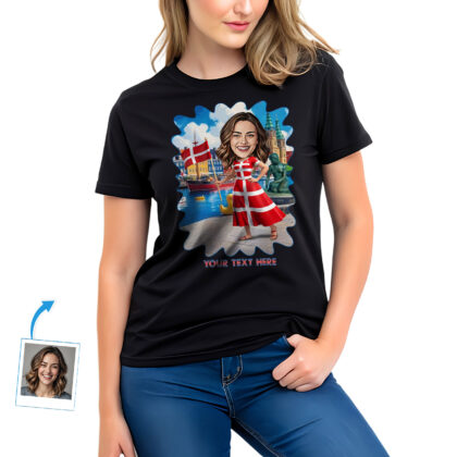 Custom Women’s Denmark Outfit T‑Shirt – Personalized Photo Art with Danish Flag Dress & Colorful Heritage Background, Perfect Gift Custom Gifts - Denmark Culture www.customywear.com 2