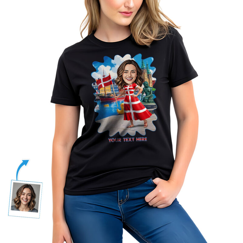 Custom Women’s Denmark Outfit T‑Shirt – Personalized Photo Art with Danish Flag Dress & Colorful Heritage Background, Perfect Gift Custom Gifts - Denmark Culture www.customywear.com 35