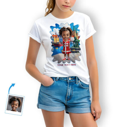 Girl’s Custom Danish Flag T‑Shirt – Personalized Photo Portrait in Danish Flag Dress | Kid’s Cultural Keepsake Gift Custom Gifts - Denmark Culture www.customywear.com 2