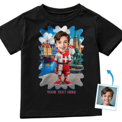 Boy’s Denmark Heritage Custom T‑Shirt – Personalized Photo Character in Danish Flag Dress | Kid’s Cultural Keepsake Gift Boy's T-shirts www.customywear.com 2
