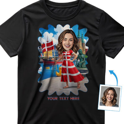Custom Women’s Denmark Outfit T‑Shirt – Personalized Photo Art with Danish Flag Dress & Colorful Heritage Background, Perfect Gift T-shirts for Women www.customywear.com 2