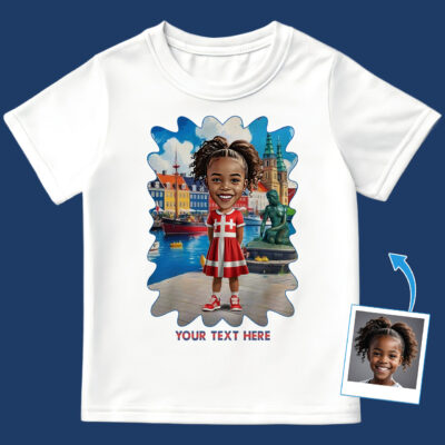 Girl’s Custom Danish Flag T‑Shirt – Personalized Photo Portrait in Danish Flag Dress | Kid’s Cultural Keepsake Gift Girl's T-shirts www.customywear.com 2