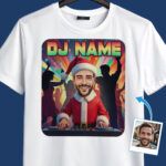 Custom Christmas DJ T-Shirt – Transform Your Photo into Santa DJ Spinning Holiday Mixes T-shirts For Men www.customywear.com 3