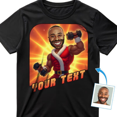 Custom Christmas Gym T-Shirt – Transform Your Photo into Bodybuilder Santa Working Out with Dumbbells T-shirts For Men www.customywear.com 2