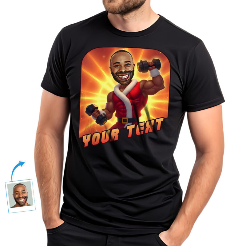 Custom Christmas Gym T-Shirt – Transform Your Photo into Bodybuilder Santa Working Out with Dumbbells T-shirts For Men www.customywear.com