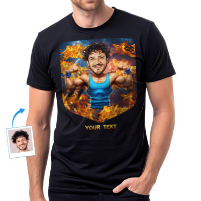 Custom Muscle T-Shirt – Turn Your Photo Into a Bodybuilder Flexing in Fire – Personalized Workout Tee for Men T-shirts For Men www.customywear.com