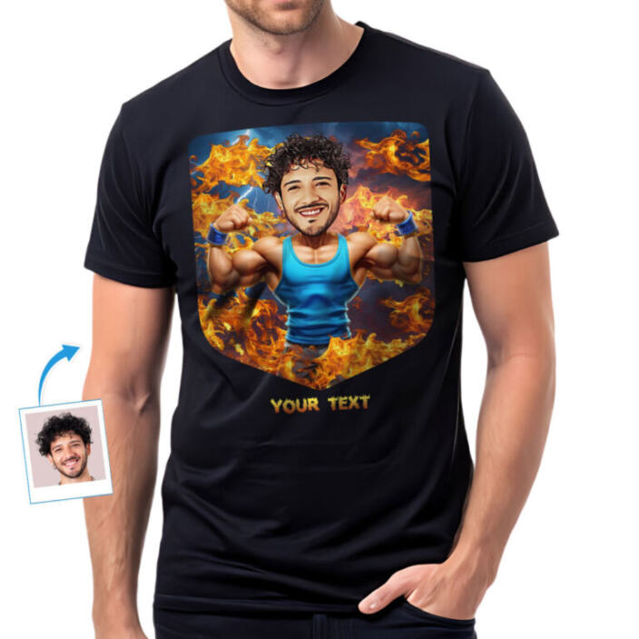 Custom Muscle T-Shirt – Turn Your Photo Into a Bodybuilder Flexing in Fire Personalized Workout Tee for Men (1)