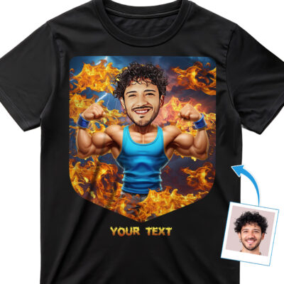 Custom Muscle T-Shirt – Turn Your Photo Into a Bodybuilder Flexing in Fire – Personalized Workout Tee for Men T-shirts For Men www.customywear.com 2