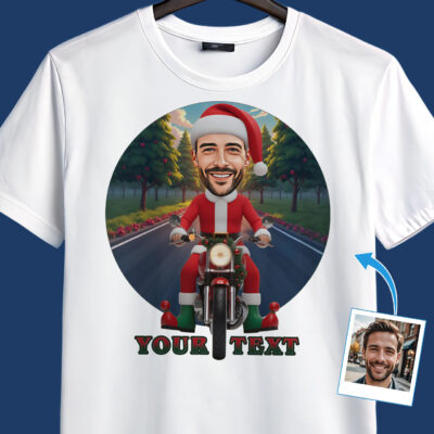 Santa Riding Motorcycle Christmas Tee – Custom Biker Santa Claus T-Shirt for Festive Riders T-shirts For Men www.customywear.com 2