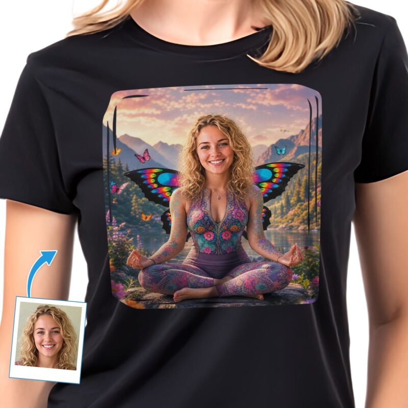 Custom Butterfly Yoga Woman T-Shirt | Personalized Nature-Inspired Tee T-shirts for Women www.customywear.com