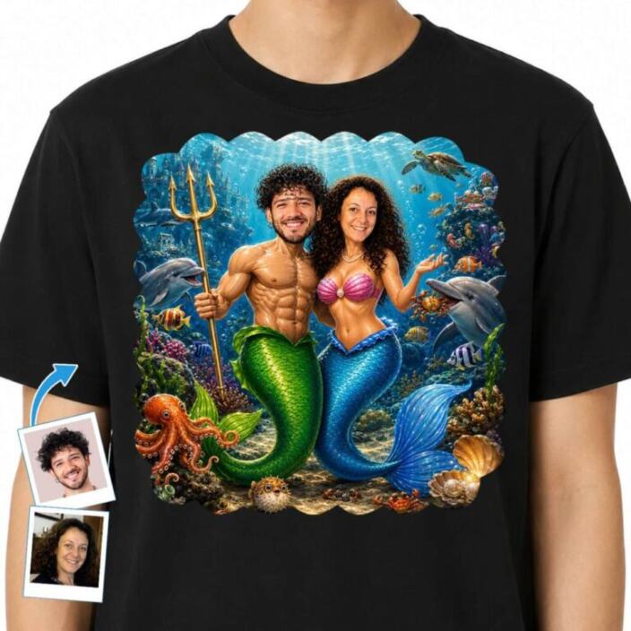 Mermaid Dreams Come True Custom Photo Mermaid Couple Shirt (1)