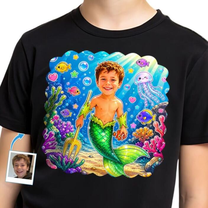 Personalized Mermaid Boy Ocean T-Shirt Custom Underwater Adventure Tee (1)
